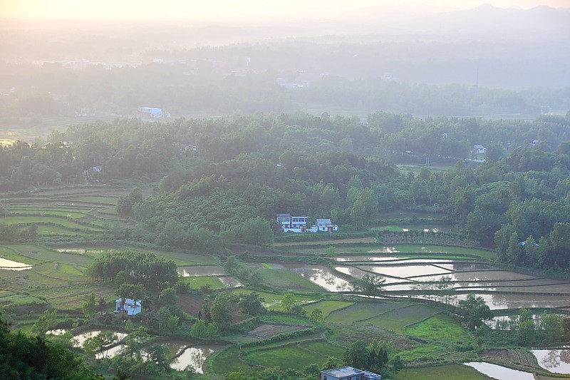 黎明，一层白色的浓雾，笼罩着宁静的小山村，朝霞涤尽了一切的尘污，连带着把泥土的清香也渲染开了。